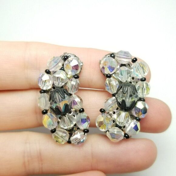 Vintage AB Glass Bead Cluster Clip On Earrings, Black Accents, Kidney Shape - Picture 2 of 6
